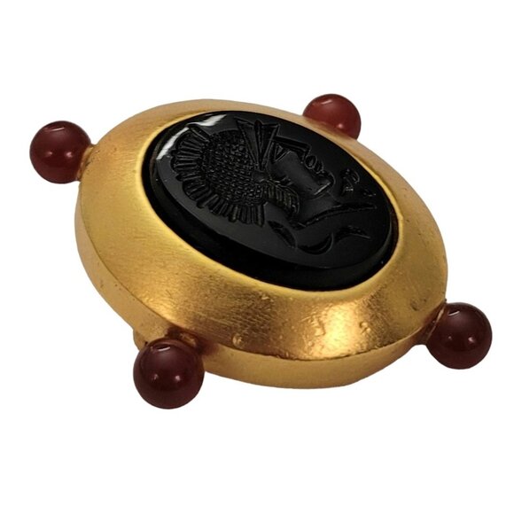 Gold Tone Black Glass Intaglio Centurion Cameo Brooch Pin E839 - Picture 4 of 9